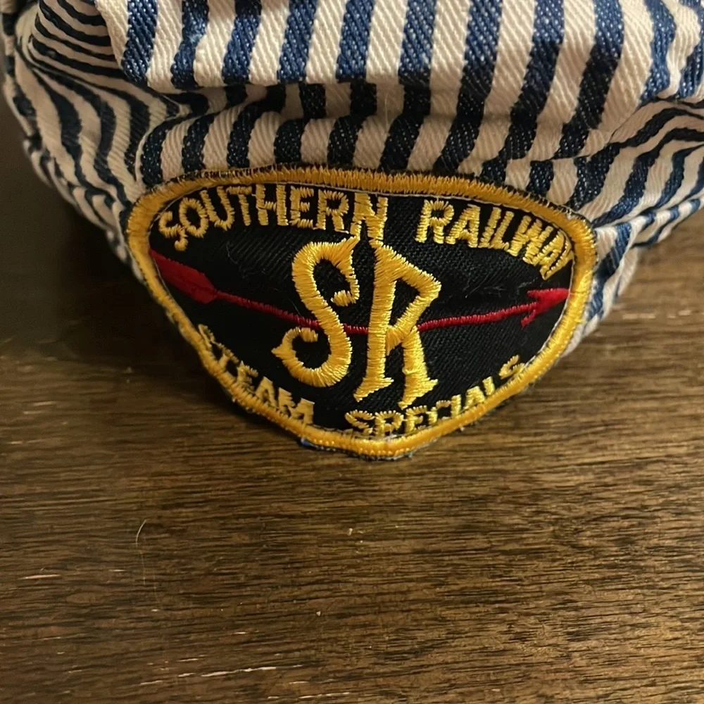 Kid’s Train Engineer Conductor Cap Hat Blue Striped Railroad vintage